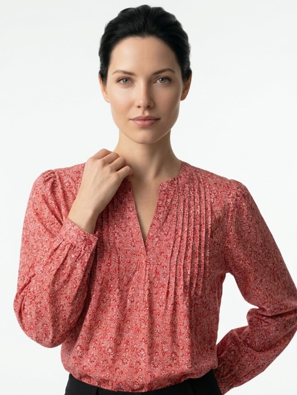 Chaps Pink-Red Floral Pintuck Split V Blouse